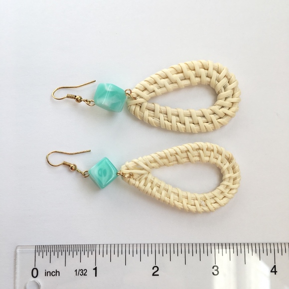 Woven Rattan Aqua Beach Dangle Earrings - Picture 4 of 4